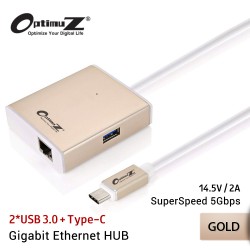 OptimuZ USB HUB 2xUSB3.0 + Type-C + Gigabit Ethernet LAN Port - Gold